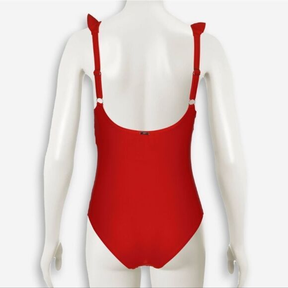 DKNY Women's Red Ruffle Plunge Underwire Tummy Control One-Piece Swimsuit sz 6 - Picture 9 of 12